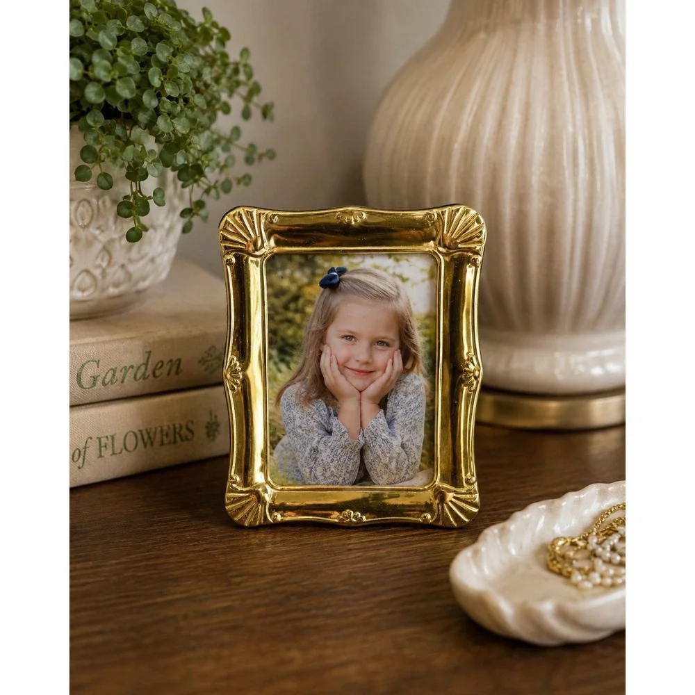Vintage Mini Gold Tone Picture Frame Ornate Art Deco Easel Back Small Photo